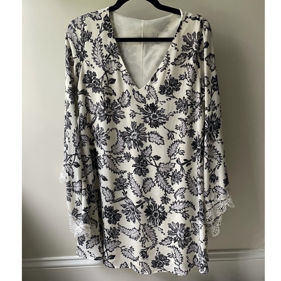 White Bohemian Dress with Black Floral Print - Picture 2 of 3